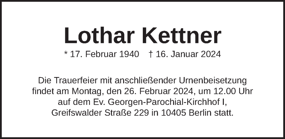  Traueranzeige für Lothar Kettner vom 03.02.2024 aus Berliner Zeitung