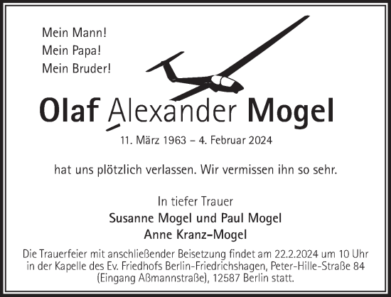 Traueranzeige von Olaf Alexander Mogel von Berliner Zeitung