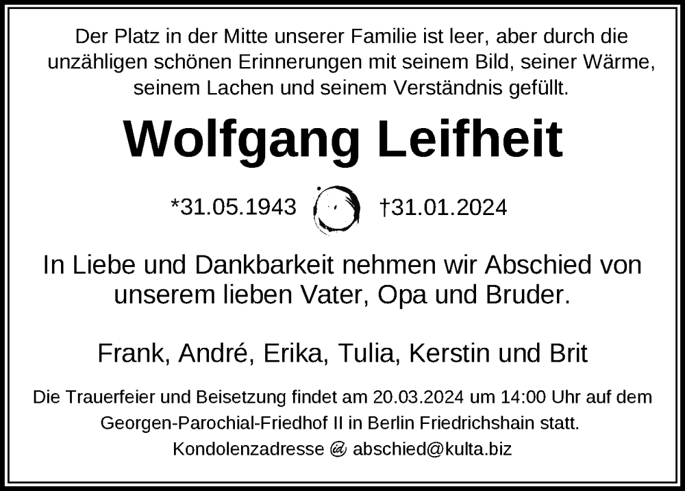  Traueranzeige für Wolfgang Leifheit vom 29.02.2024 aus Berliner Zeitung