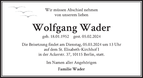 Traueranzeige von Wolfgang Wader von Berliner Zeitung