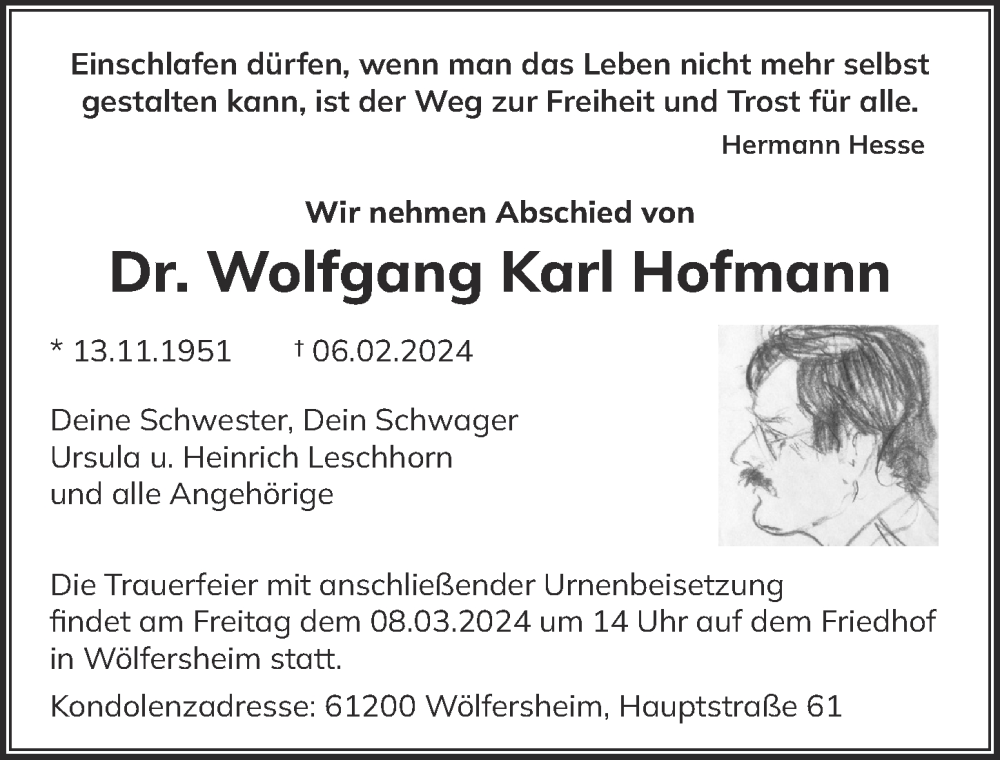  Traueranzeige für Wolfgang Karl Hofmann vom 02.03.2024 aus Berliner Zeitung