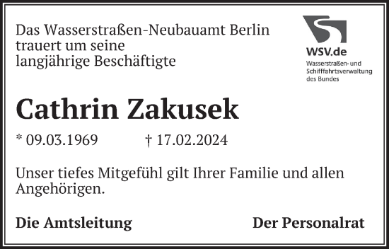 Traueranzeige von Cathrin Zakusek von Berliner Zeitung