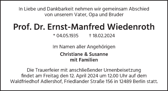 Traueranzeige von Ernst-Manfred Wiedenroth von Berliner Zeitung
