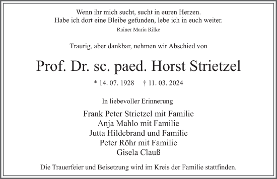 Traueranzeige von Horst Strietzel von Berliner Zeitung