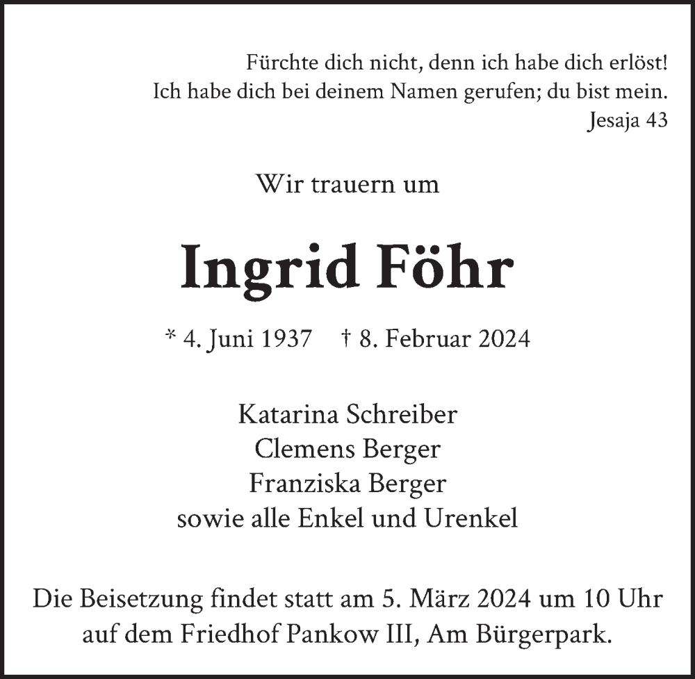  Traueranzeige für Ingrid Föhr vom 02.03.2024 aus Berliner Zeitung