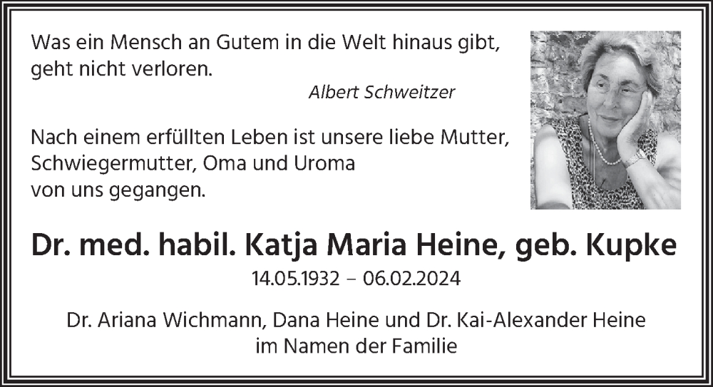  Traueranzeige für Katja Maria Heine vom 09.03.2024 aus Berliner Zeitung