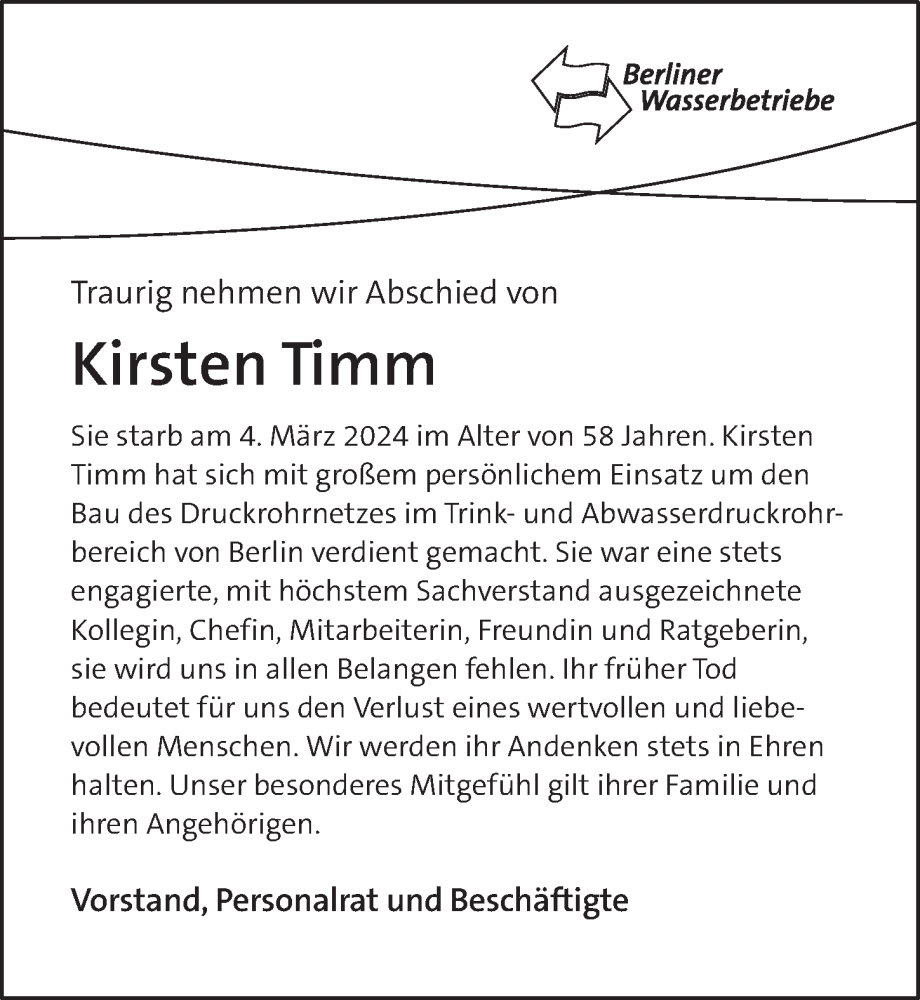  Traueranzeige für Kirsten Timm vom 23.03.2024 aus Berliner Zeitung