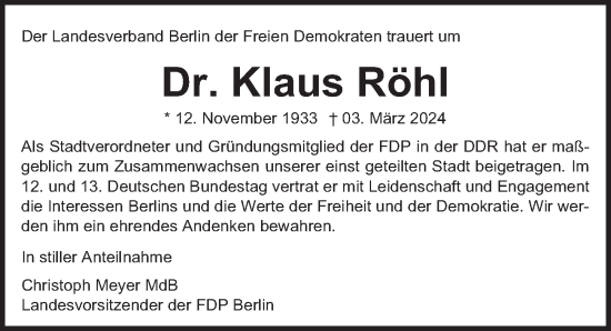 Traueranzeige von Klaus Röhl von Berliner Zeitung