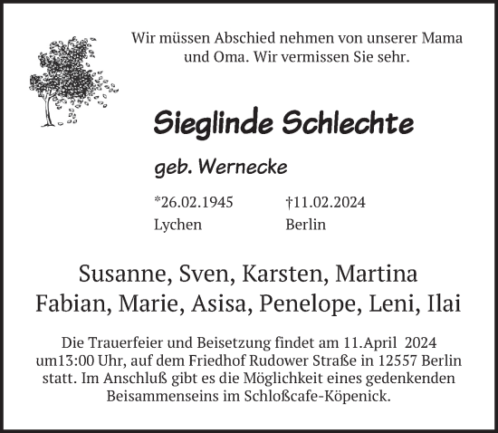 Traueranzeige von Sieglinde Schlechte von Berliner Zeitung
