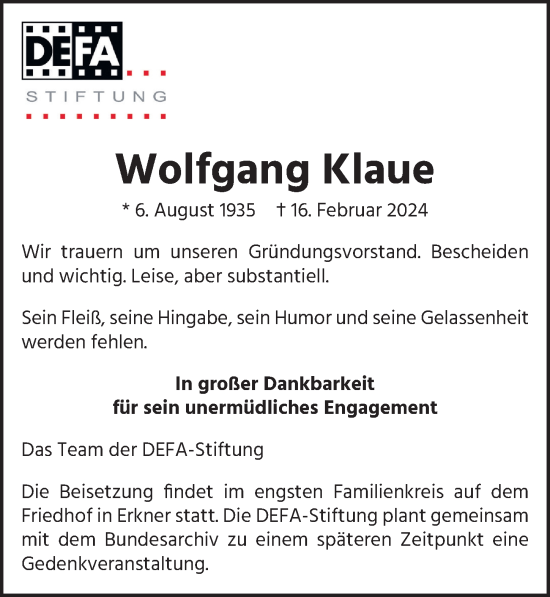 Traueranzeige von Wolfgang Klaue von Berliner Zeitung