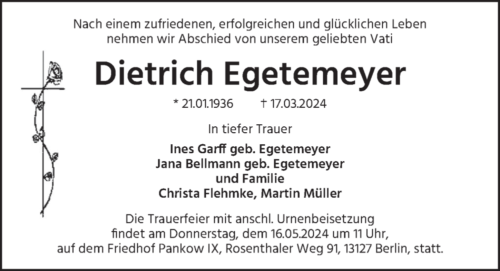  Traueranzeige für Dietrich Egetemeyer vom 13.04.2024 aus Berliner Zeitung