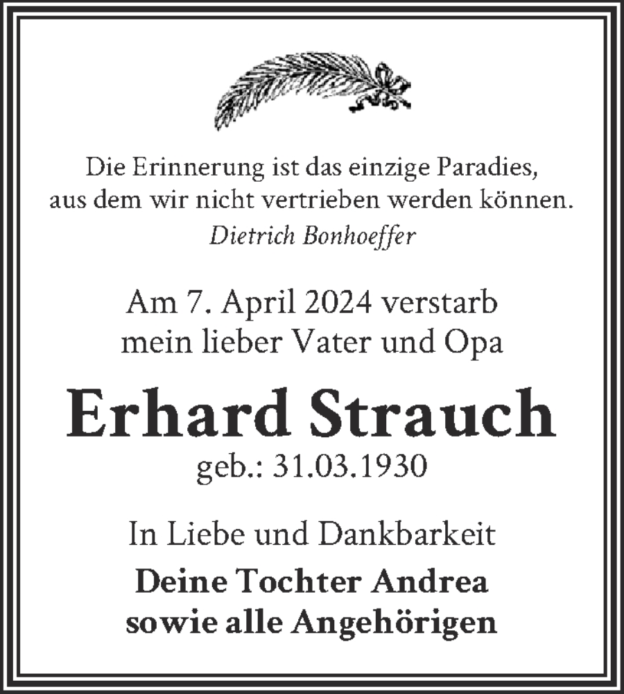  Traueranzeige für Erhard Strauch vom 20.04.2024 aus Berliner Zeitung