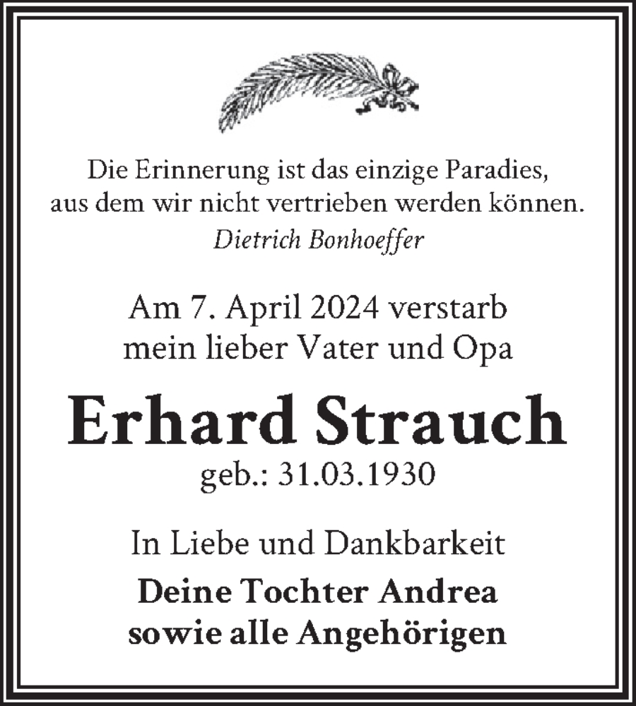  Traueranzeige für Erhard Strauch vom 20.04.2024 aus Berliner Zeitung
