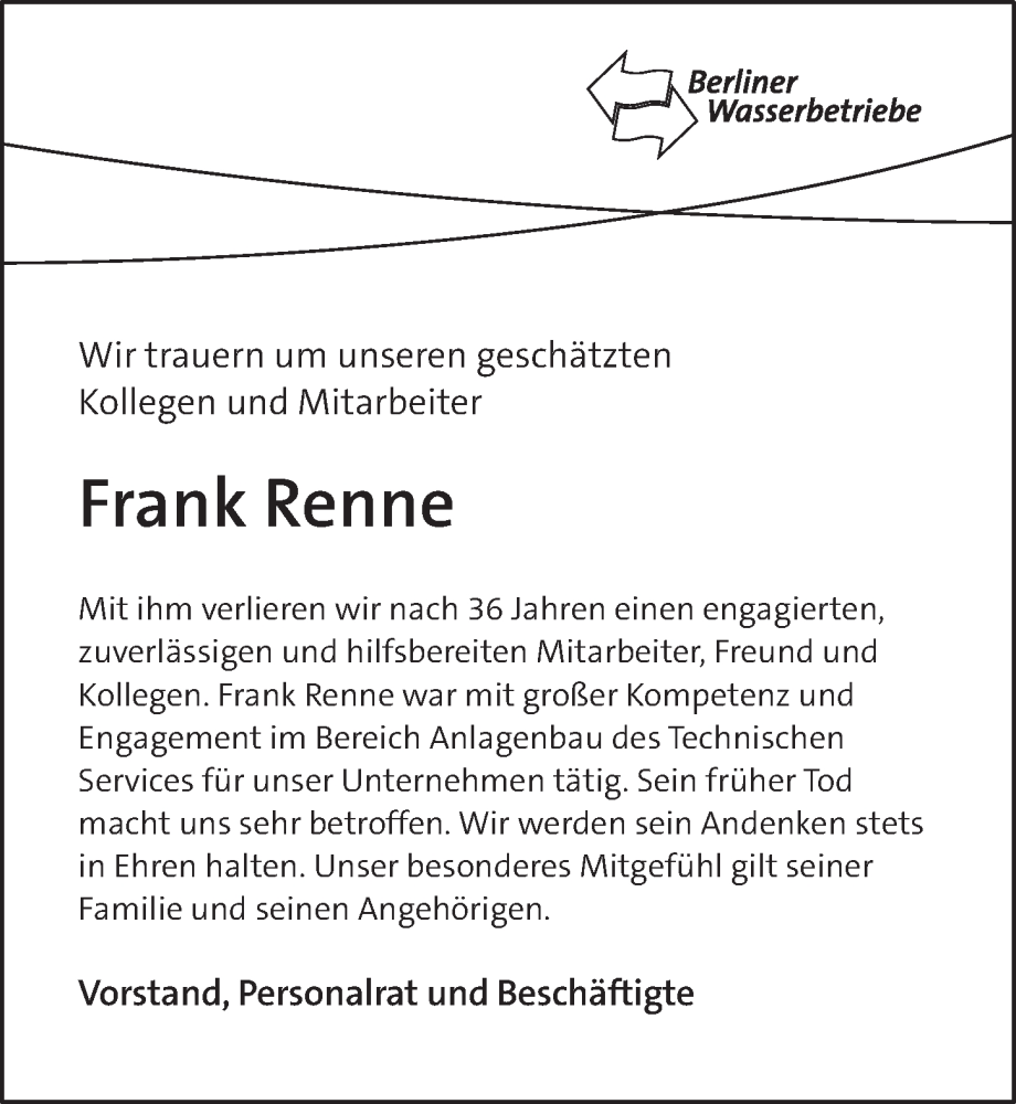  Traueranzeige für Frank Renne vom 13.04.2024 aus Berliner Zeitung