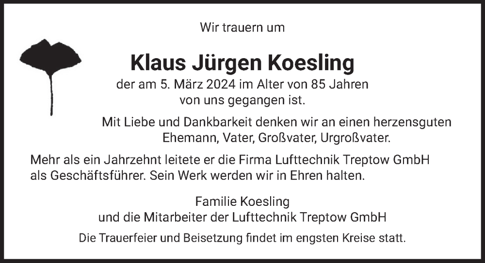  Traueranzeige für Klaus Jürgen Koesling vom 06.04.2024 aus Berliner Zeitung