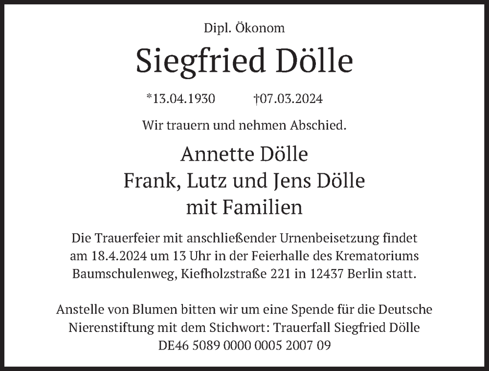  Traueranzeige für Siegfried Dölle vom 06.04.2024 aus Berliner Zeitung