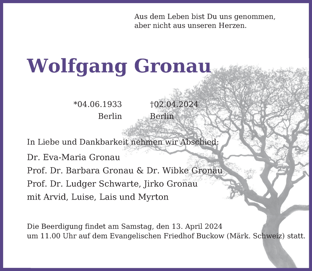  Traueranzeige für Wolfgang Gronau vom 05.04.2024 aus Berliner Zeitung