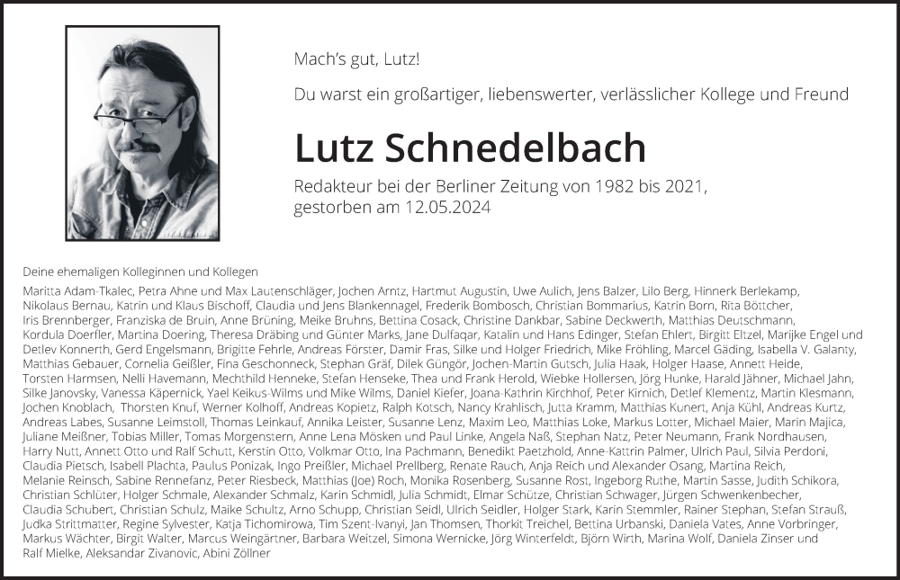  Traueranzeige für Lutz Schnedelbach vom 25.05.2024 aus Berliner Zeitung