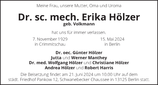 Traueranzeige von Erika Hölzer von Berliner Zeitung