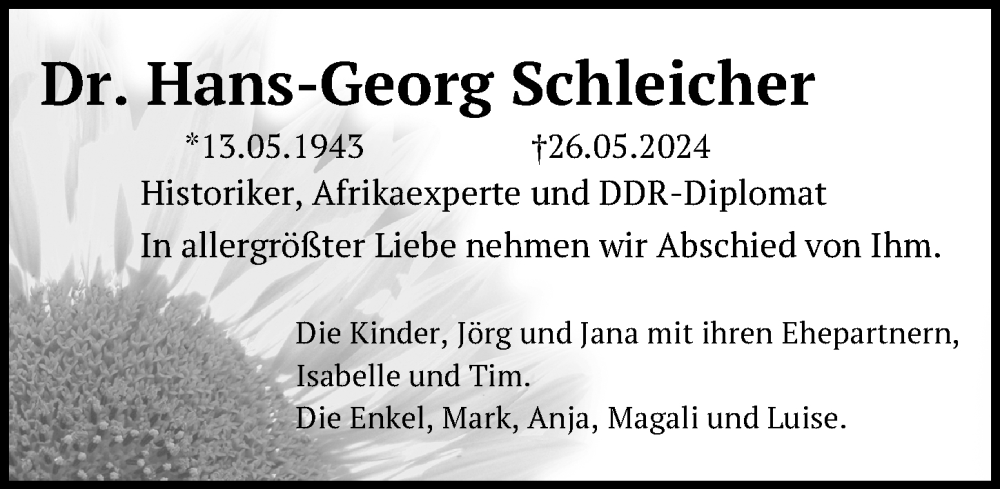  Traueranzeige für Hans-Georg Schleicher vom 31.05.2024 aus Berliner Zeitung