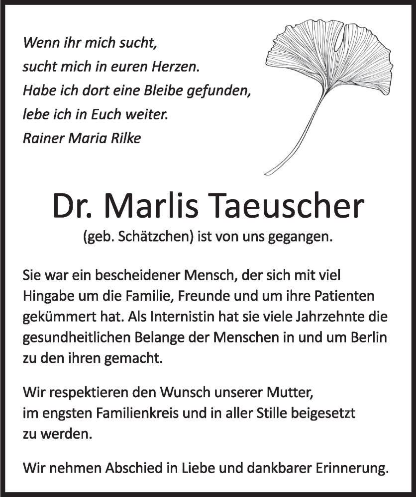  Traueranzeige für Marlis Taeuscher vom 04.05.2024 aus Berliner Zeitung
