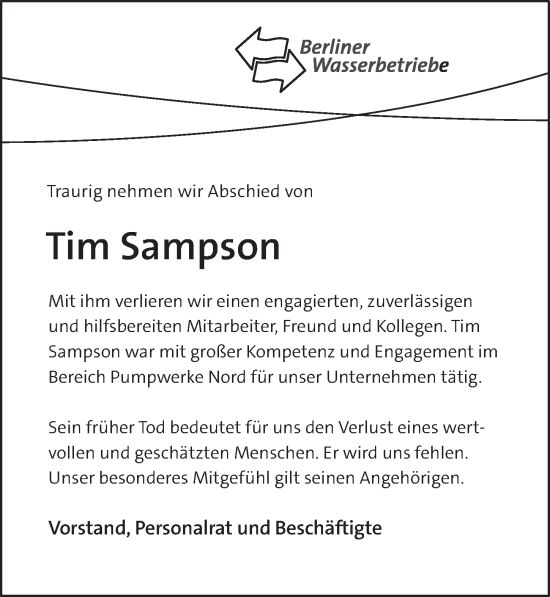 Traueranzeige von Tim Sampson von Berliner Zeitung