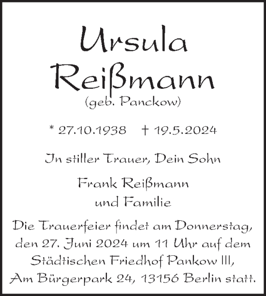 Traueranzeige von Ursula Reißmann von Berliner Zeitung