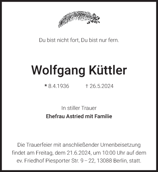 Traueranzeige von Wolfgang Küttler von Berliner Zeitung