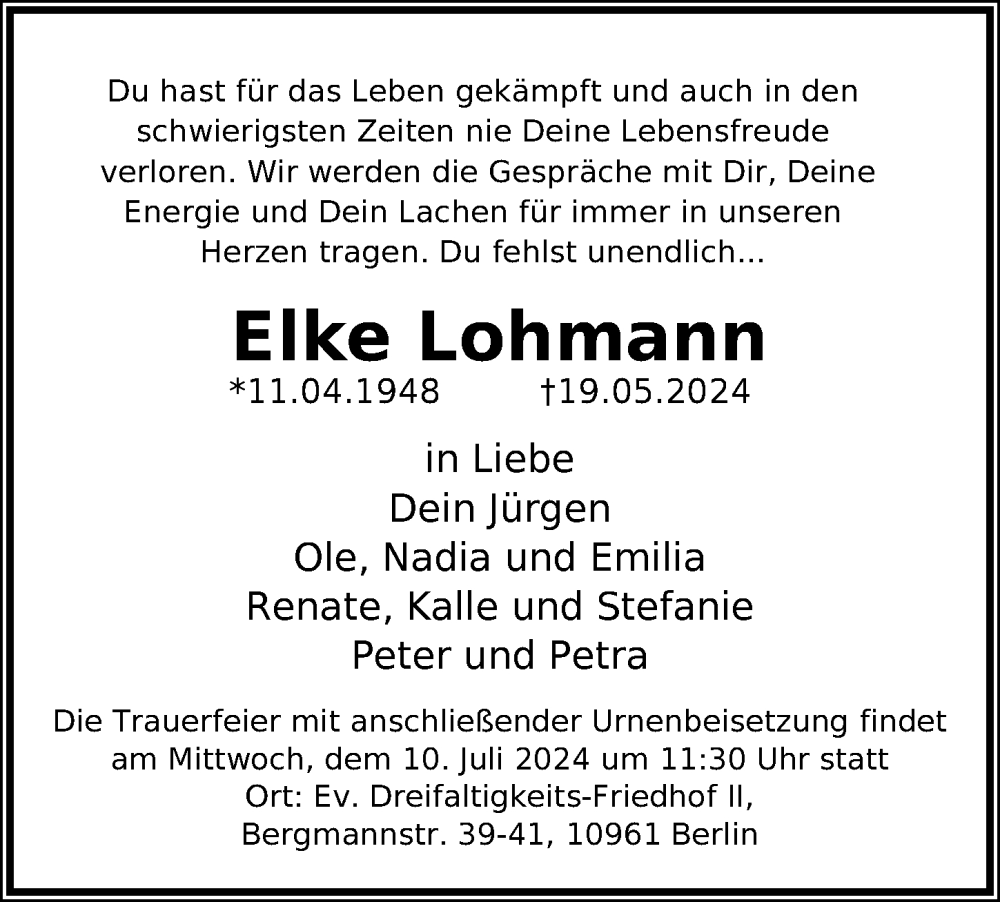  Traueranzeige für Elke Lohmann vom 29.06.2024 aus Berliner Zeitung