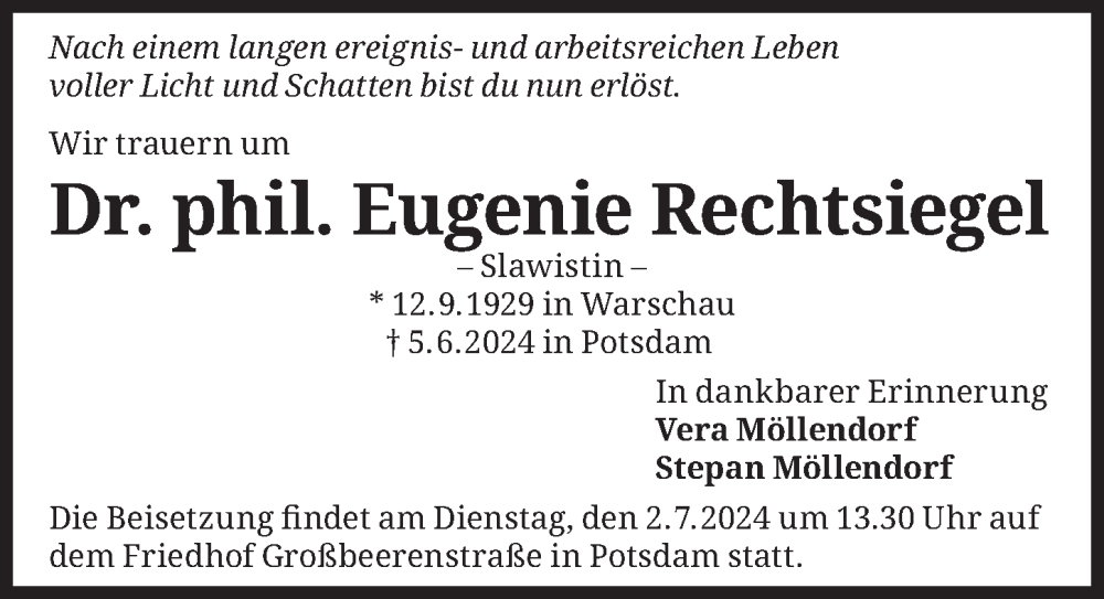 Traueranzeige für Eugenie Rechtsiegel vom 29.06.2024 aus Berliner Zeitung