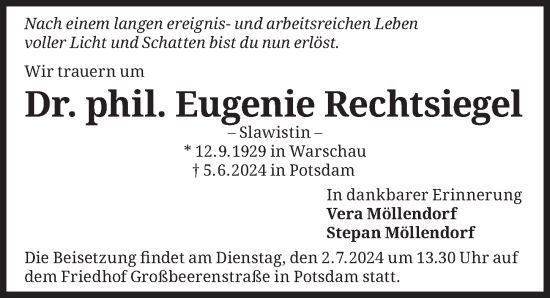 Traueranzeige von Eugenie Rechtsiegel von Berliner Zeitung