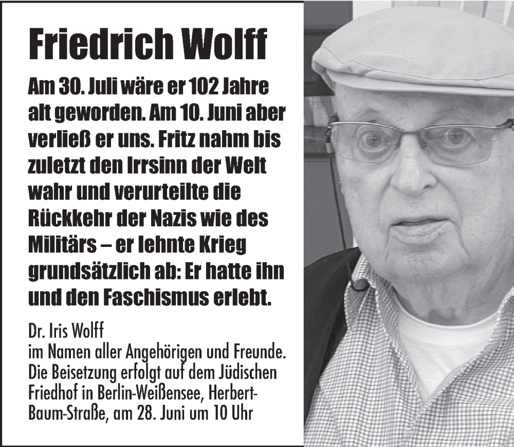  Traueranzeige für Friedrich Wolff vom 22.06.2024 aus Berliner Zeitung