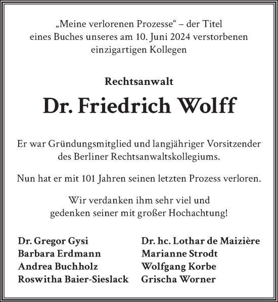 Traueranzeige von Friedrich Wolff von Berliner Zeitung