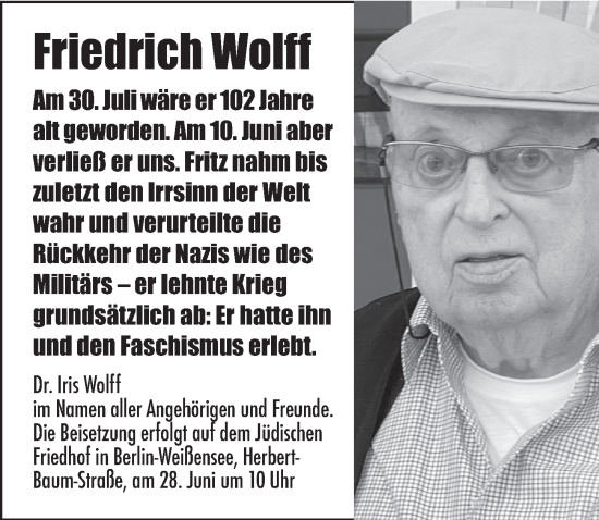 Traueranzeige von Friedrich Wolff von Berliner Zeitung