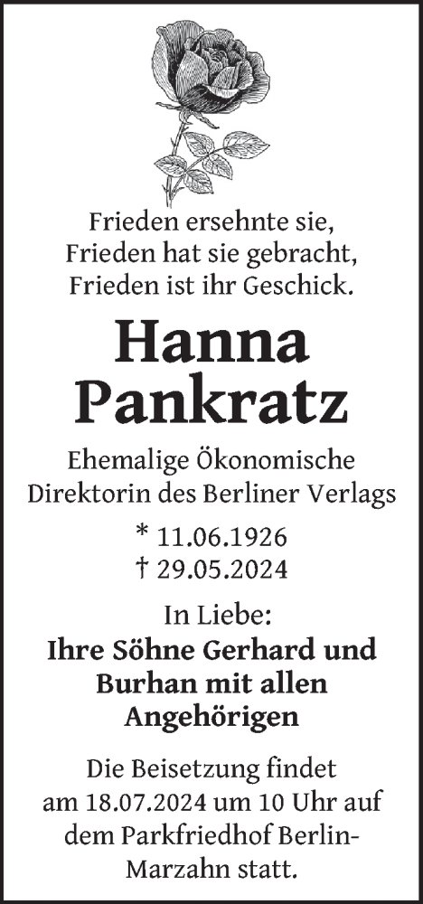 Traueranzeige von Hanna Pankratz von Berliner Zeitung