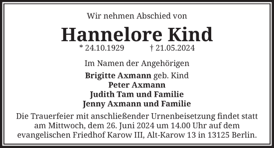 Traueranzeige von Hannelore Kind von Berliner Zeitung