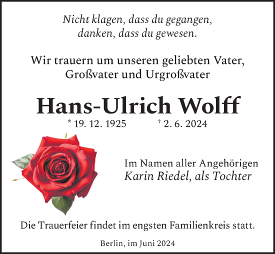 Traueranzeige von Hans-Ulrich Wolff von Berliner Zeitung
