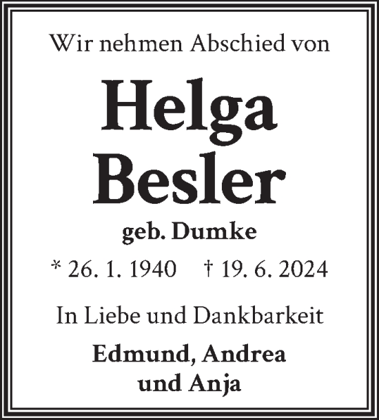 Traueranzeige von Helga Besler von Berliner Zeitung