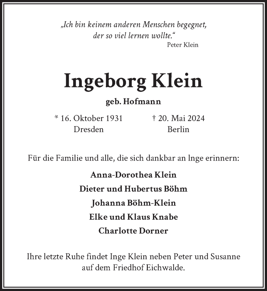  Traueranzeige für Ingeborg Klein vom 04.06.2024 aus Berliner Zeitung