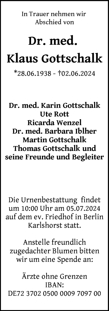 Traueranzeige von Klaus Gottschalk von Berliner Zeitung