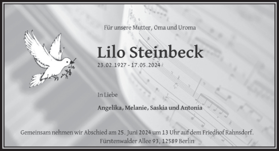 Traueranzeige von Lilo Steinbeck von Berliner Zeitung