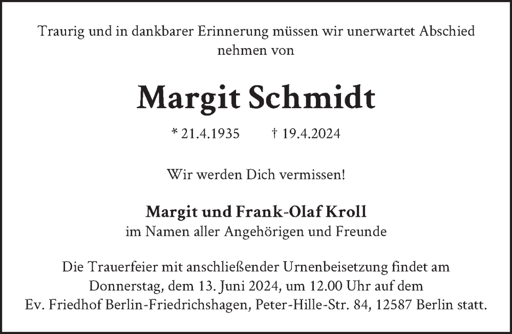 Traueranzeige für Margit Schmidt vom 08.06.2024 aus Berliner Zeitung