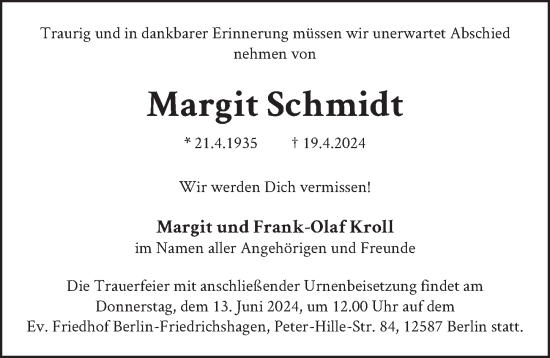 Traueranzeige von Margit Schmidt von Berliner Zeitung