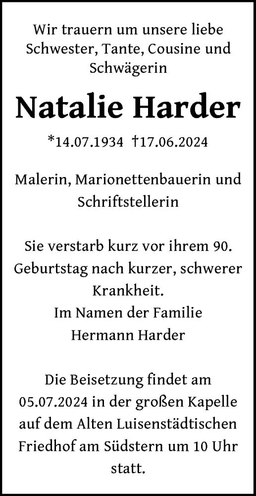 Traueranzeige für Natalie Harder vom 29.06.2024 aus Berliner Zeitung