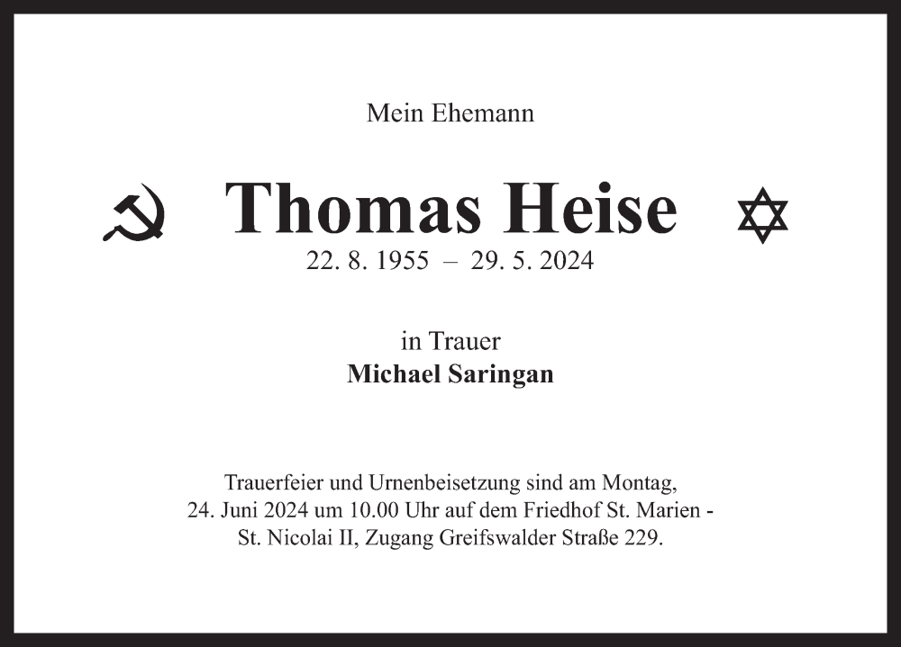 Traueranzeige für Thomas Heise vom 08.06.2024 aus Berliner Zeitung