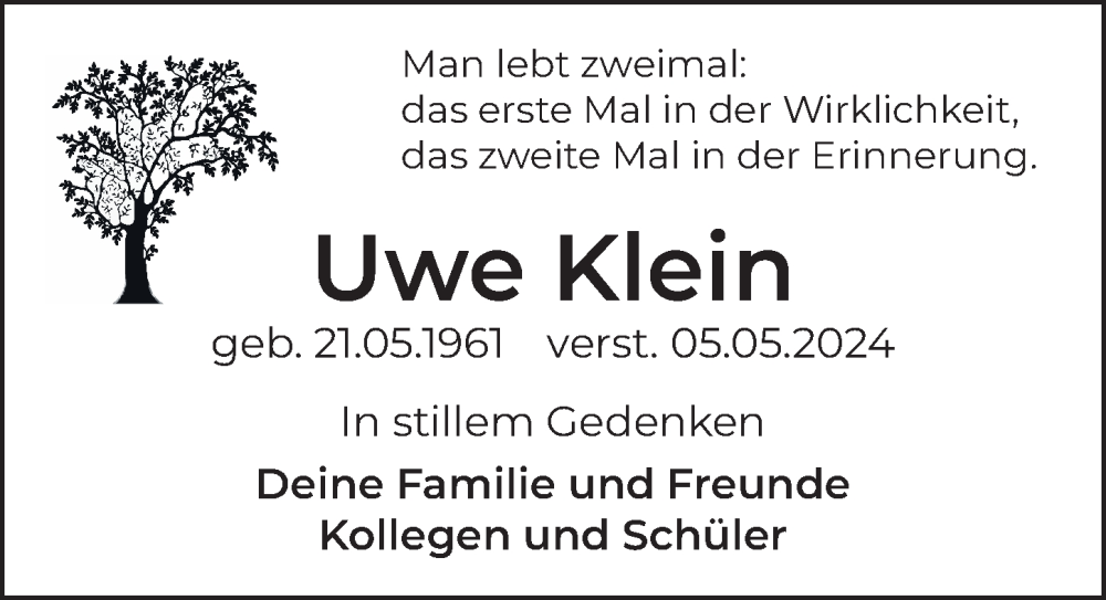  Traueranzeige für Uwe Klein vom 15.06.2024 aus Berliner Zeitung