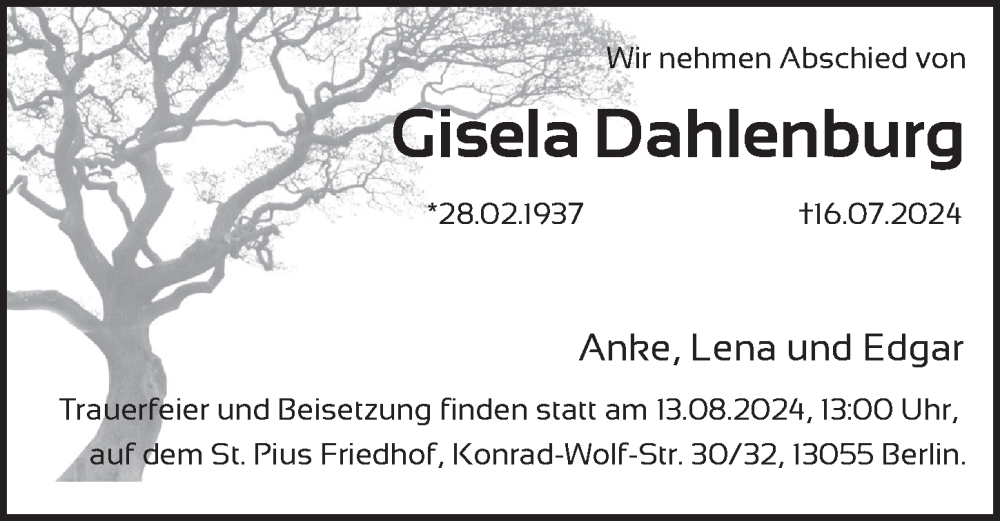  Traueranzeige für Gisela Dahlenburg vom 27.07.2024 aus Berliner Zeitung