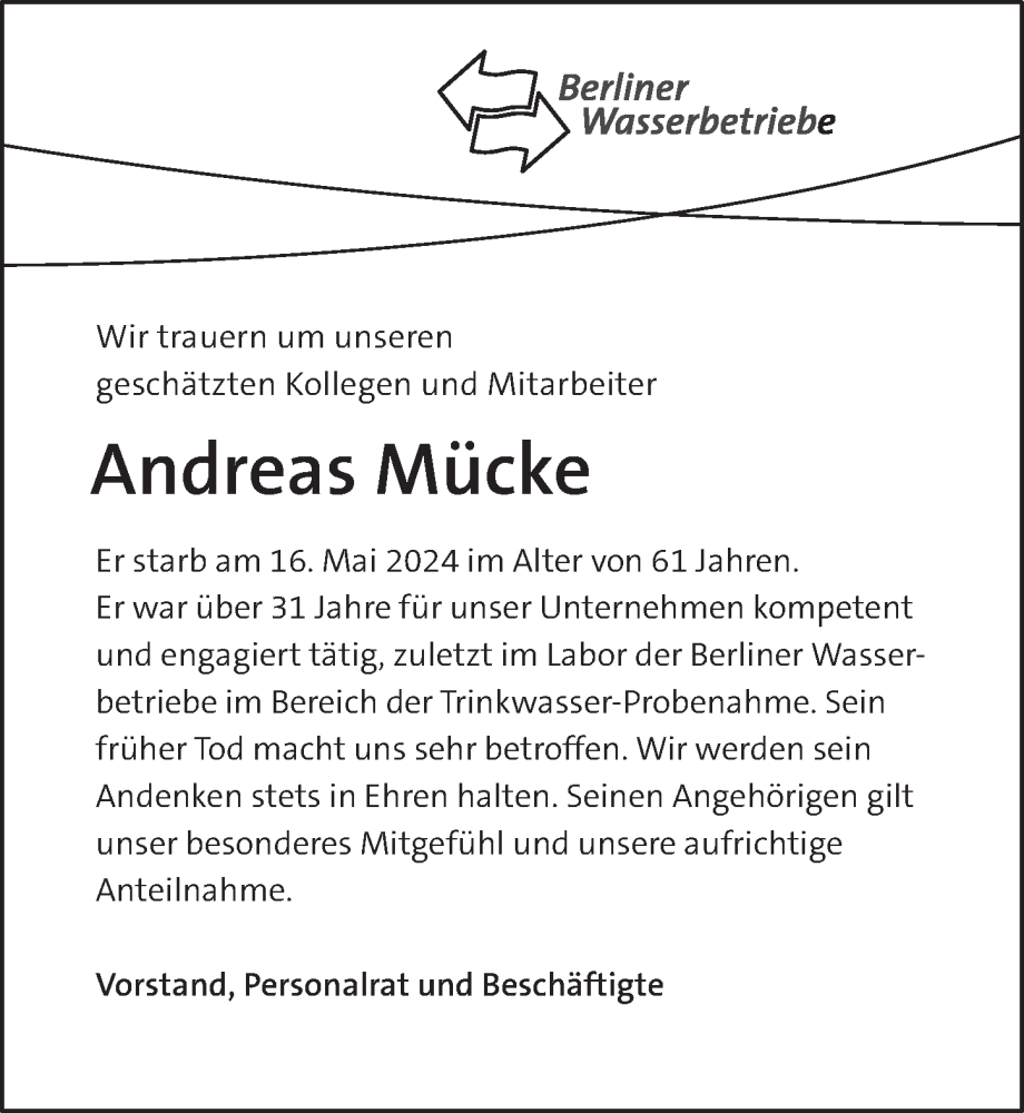  Traueranzeige für Andreas Mücke vom 06.07.2024 aus Berliner Zeitung