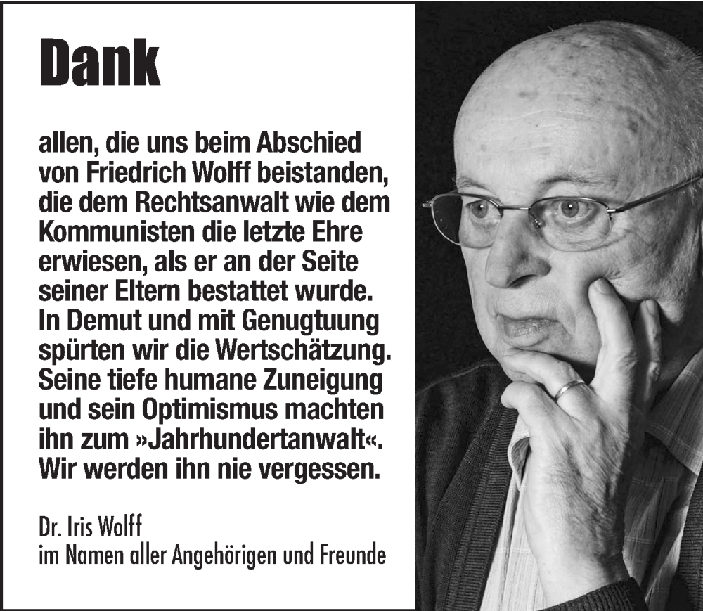  Traueranzeige für Friedrich Wolff vom 06.07.2024 aus Berliner Zeitung