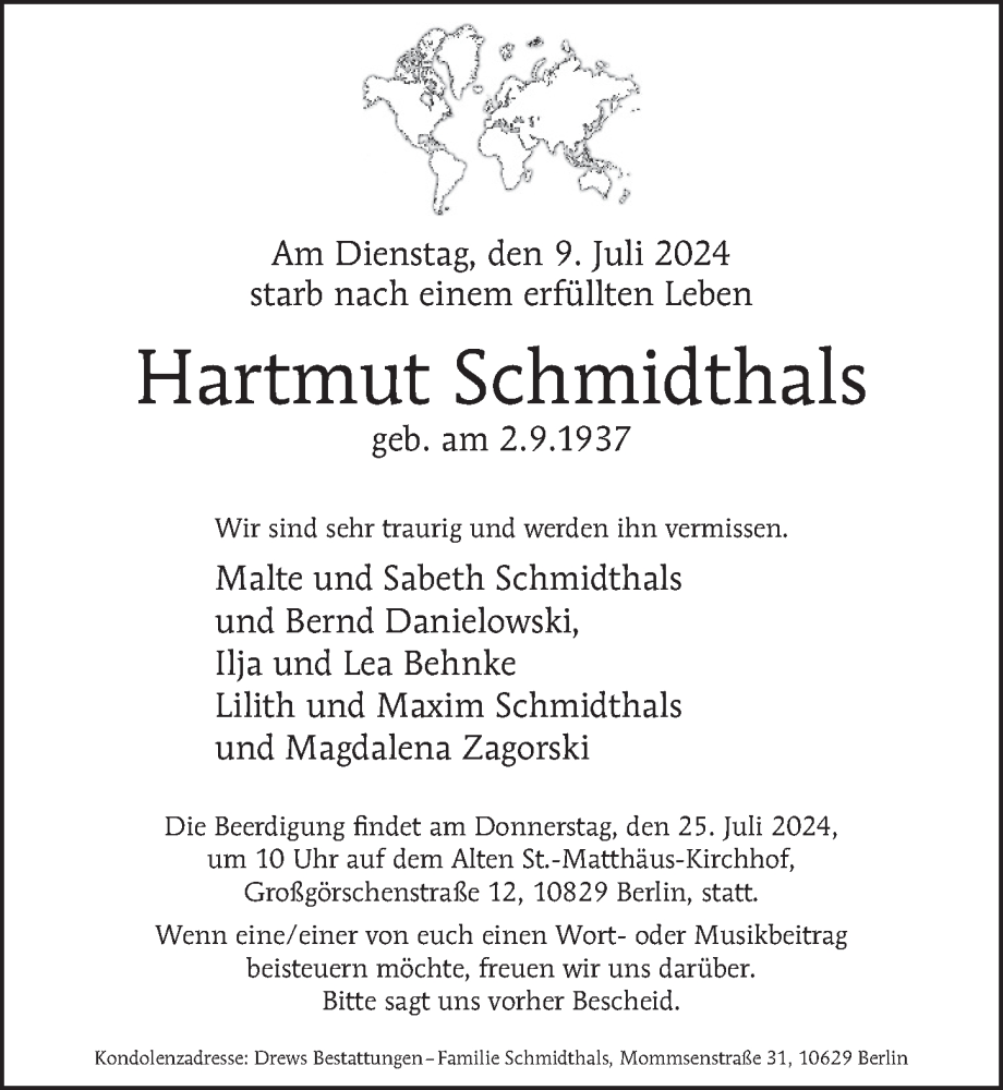  Traueranzeige für Hartmut Schmidthals vom 20.07.2024 aus Berliner Zeitung